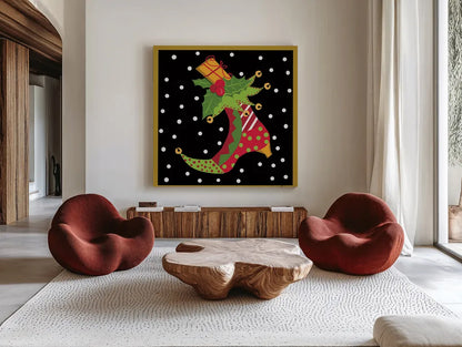 The Night Before Christmas III by Farida Zaman. Shown as extra-large giant wall art in a modern living room. Available as an archival giclee rolled canvas, fine art paper, or poster print. SKU 33044a.