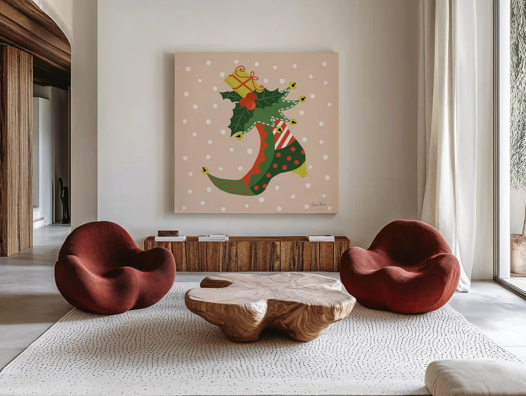 The Night Before Christmas III Bright by Farida Zaman. Shown as extra-large giant wall art in a modern living room. Available as an archival giclee rolled canvas, fine art paper, or poster print. SKU 76183a.