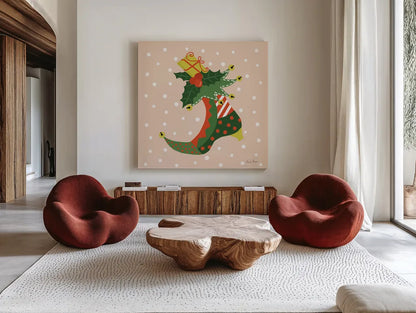 The Night Before Christmas III Bright by Farida Zaman. Shown as extra-large giant wall art in a modern living room. Available as an archival giclee rolled canvas, fine art paper, or poster print. SKU 76183a.