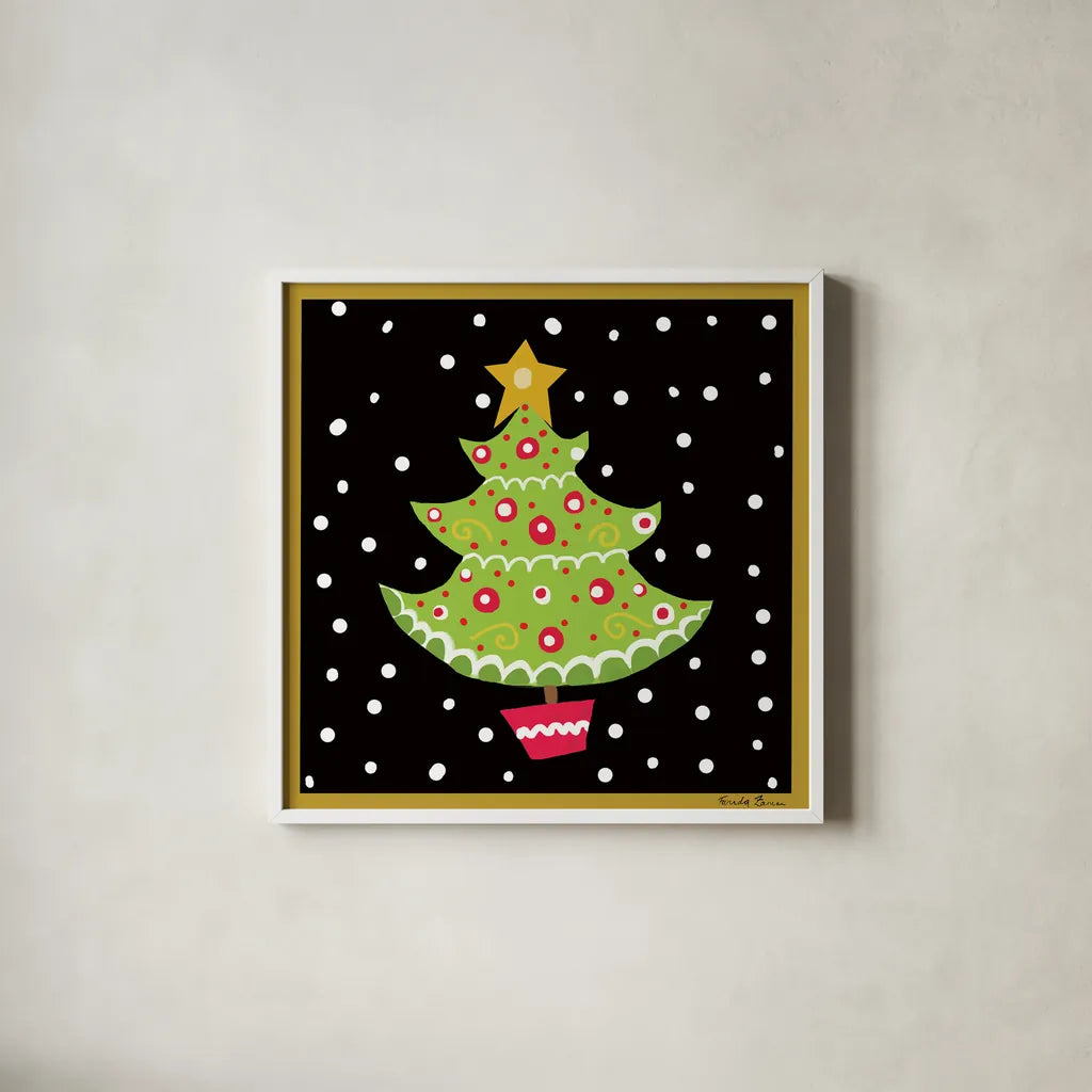 The Night Before Christmas IV by Farida Zaman. Shown in a crisp white glass frame for a clean and minimalist style. Available as an archival giclee rolled canvas, fine art paper, or poster print. SKU 33045a.