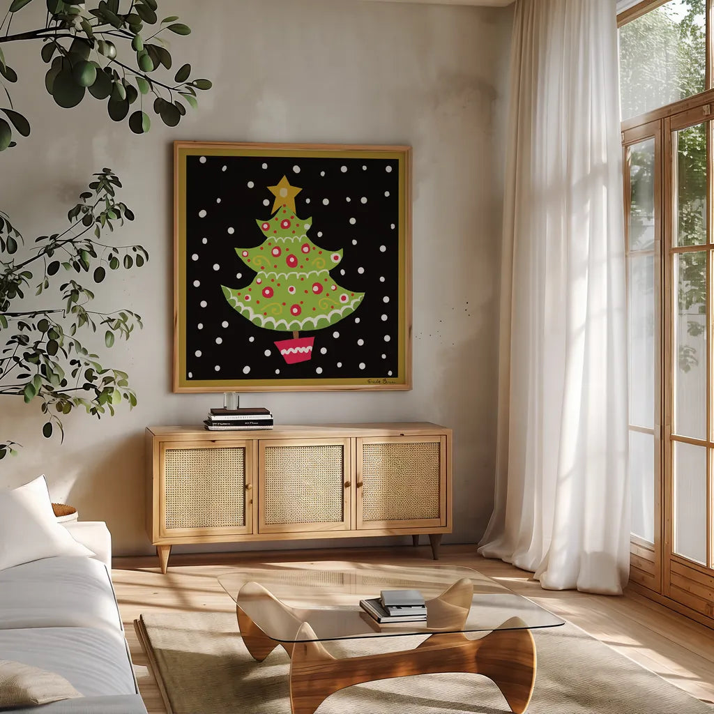 The Night Before Christmas IV by Farida Zaman. Shown in a natural wood frame in a cozy modern living room. Available as an archival giclee rolled canvas, fine art paper, or poster print. SKU 33045a.