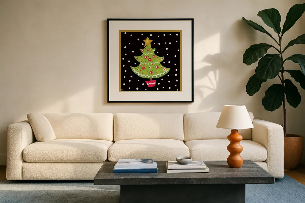 The Night Before Christmas IV by Farida Zaman. Displayed in a glass frame with matte in a clean modern living room. Available as an archival giclee rolled canvas, fine art paper, or poster print. SKU 33045a.