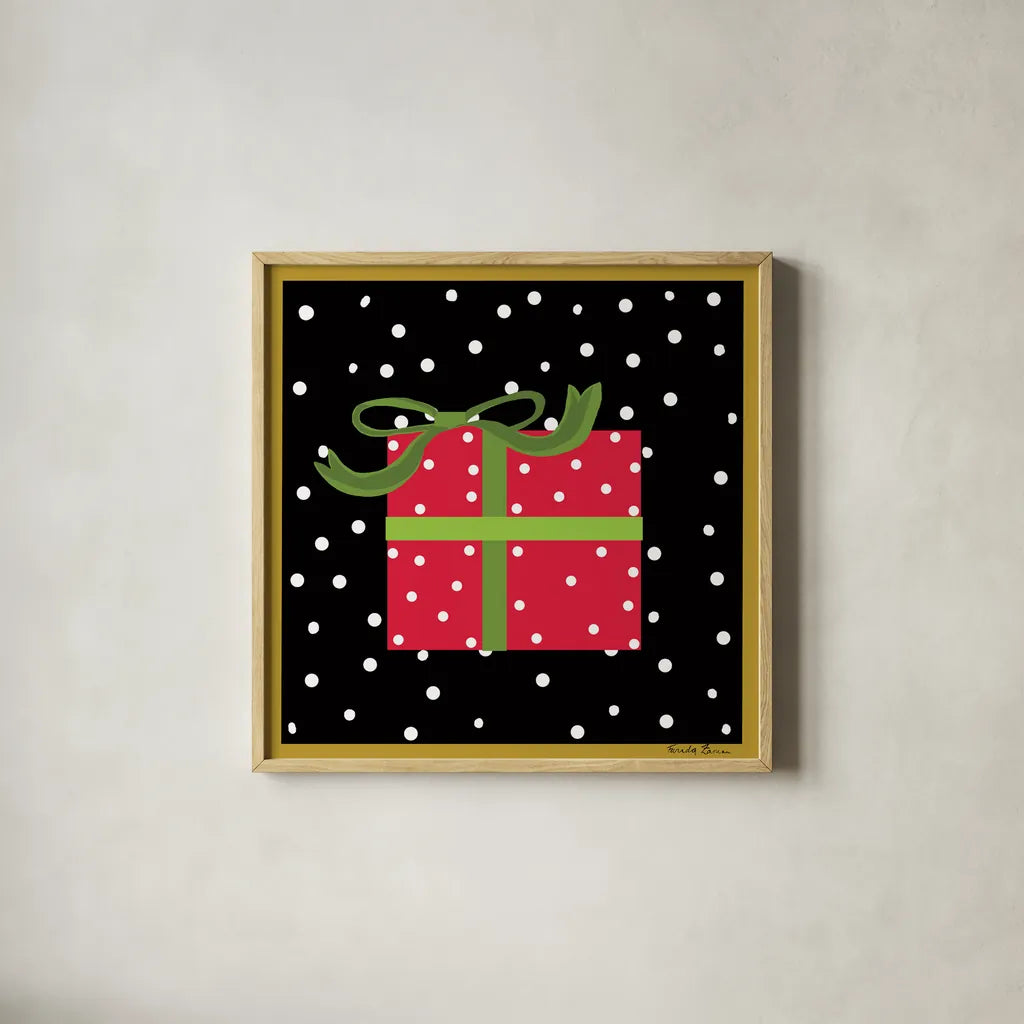 The Night Before Christmas V by Farida Zaman. Shown in a natural wood glass frame for a timeless modern aesthetic. Available as an archival giclee rolled canvas, fine art paper, or poster print. SKU 33046a.