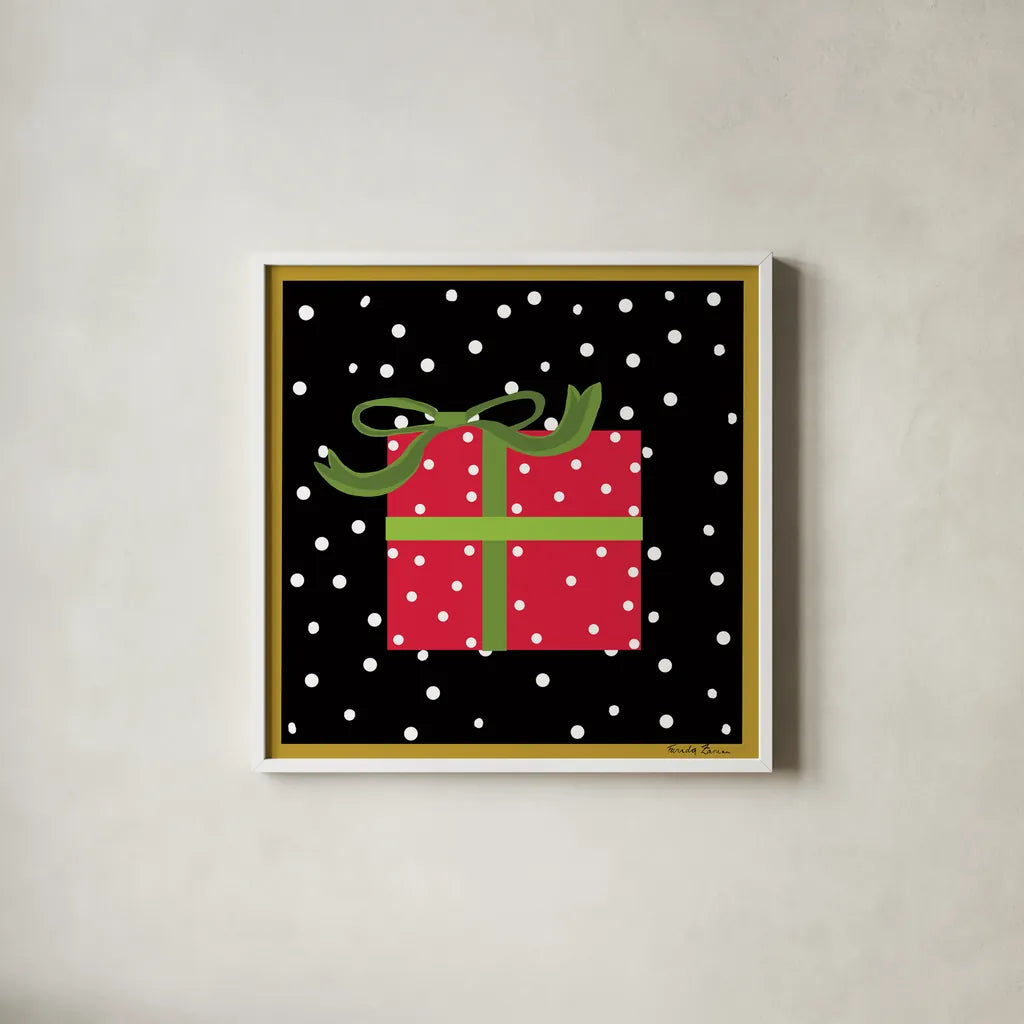 The Night Before Christmas V by Farida Zaman. Shown in a crisp white glass frame for a clean and minimalist style. Available as an archival giclee rolled canvas, fine art paper, or poster print. SKU 33046a.