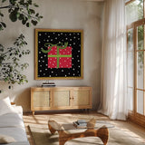 The Night Before Christmas V by Farida Zaman. Shown in a natural wood frame in a cozy modern living room. Available as an archival giclee rolled canvas, fine art paper, or poster print. SKU 33046a.