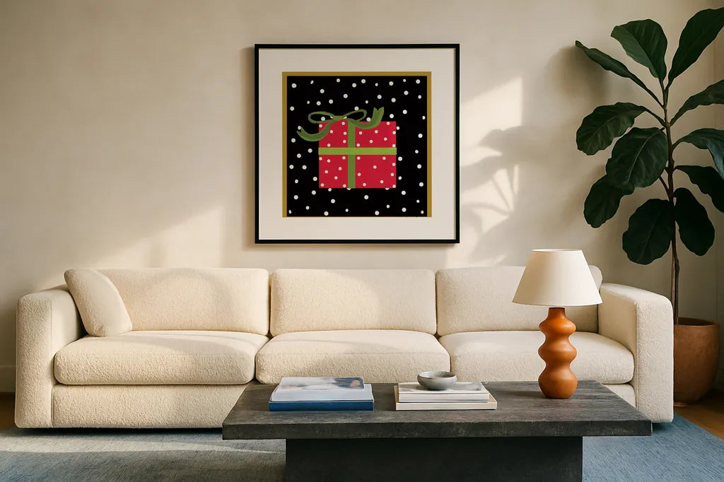 The Night Before Christmas V by Farida Zaman. Displayed in a glass frame with matte in a clean modern living room. Available as an archival giclee rolled canvas, fine art paper, or poster print. SKU 33046a.