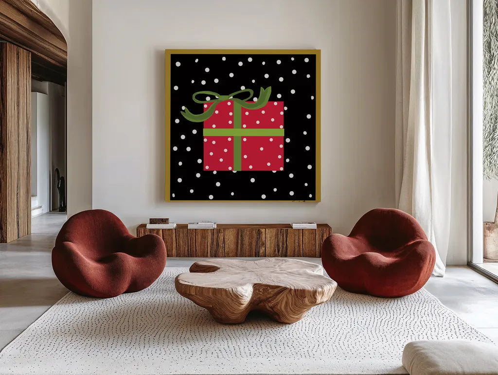The Night Before Christmas V by Farida Zaman. Shown as extra-large giant wall art in a modern living room. Available as an archival giclee rolled canvas, fine art paper, or poster print. SKU 33046a.