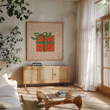 The Night Before Christmas V Bright by Farida Zaman. Shown in a natural wood frame in a cozy modern living room. Available as an archival giclee rolled canvas, fine art paper, or poster print. SKU 76185a.