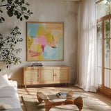 Transition II by Farida Zaman. Shown in a natural wood frame in a cozy modern living room. Available as an archival giclee rolled canvas, fine art paper, or poster print. SKU 52736a.