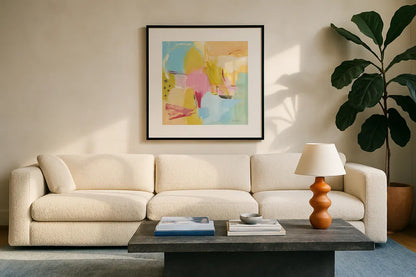 Transition II by Farida Zaman. Displayed in a glass frame with matte in a clean modern living room. Available as an archival giclee rolled canvas, fine art paper, or poster print. SKU 52736a.