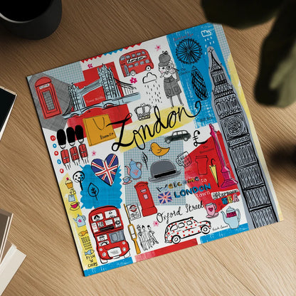 Traveling London by Farida Zaman. Shown as a detailed flat fine art print, highlighting archival giclee quality. Available as an archival giclee rolled canvas, fine art paper, or poster print. SKU 76321a.