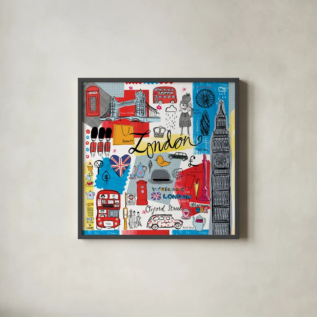 Traveling London by Farida Zaman. Shown in a sleek black glass frame for a contemporary gallery look. Available as an archival giclee rolled canvas, fine art paper, or poster print. SKU 76321a.