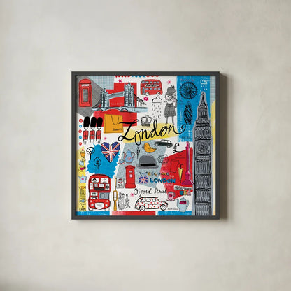 Traveling London by Farida Zaman. Shown in a sleek black glass frame for a contemporary gallery look. Available as an archival giclee rolled canvas, fine art paper, or poster print. SKU 76321a.