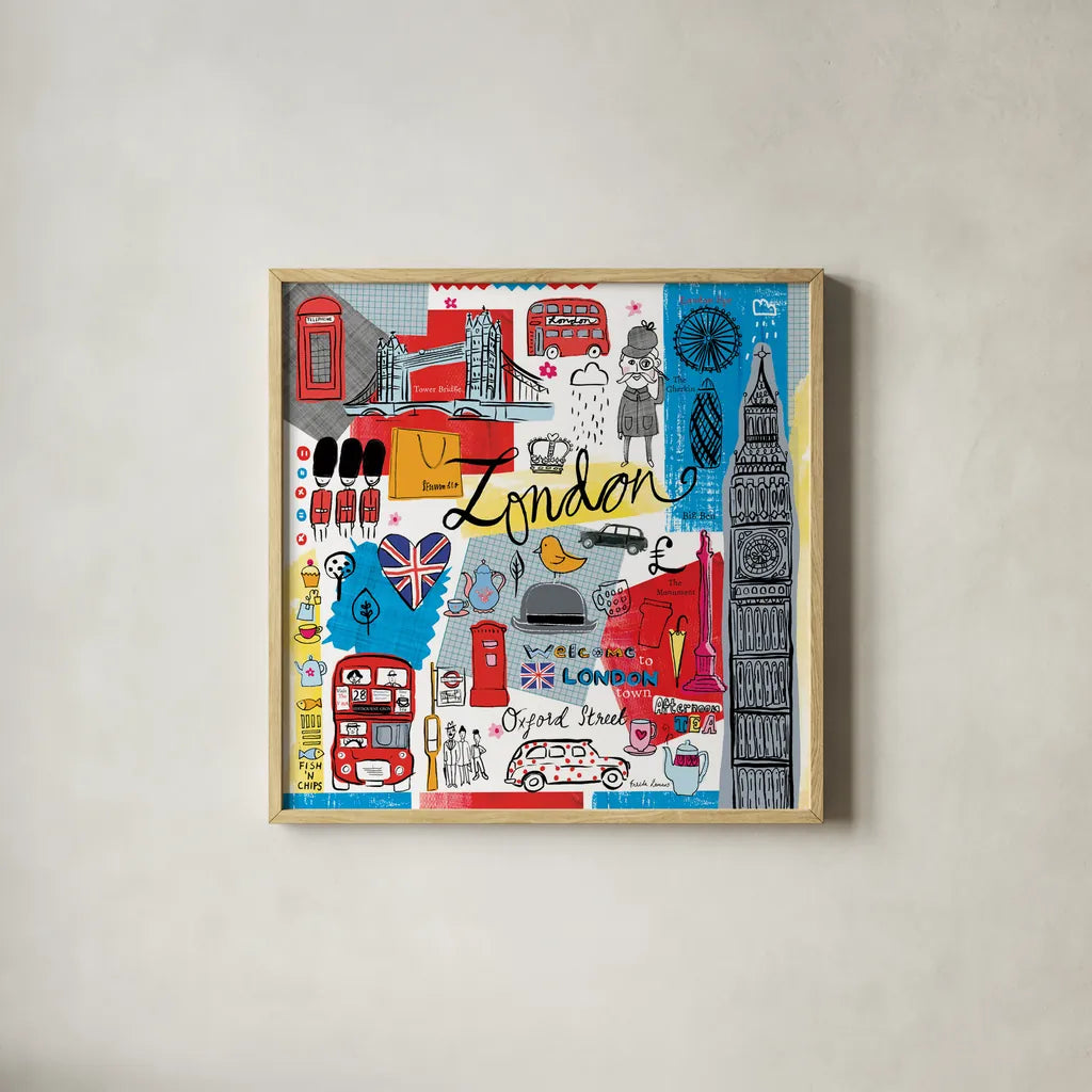 Traveling London by Farida Zaman. Shown in a natural wood glass frame for a timeless modern aesthetic. Available as an archival giclee rolled canvas, fine art paper, or poster print. SKU 76321a.