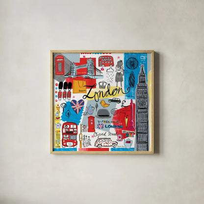 Traveling London by Farida Zaman. Shown in a natural wood glass frame for a timeless modern aesthetic. Available as an archival giclee rolled canvas, fine art paper, or poster print. SKU 76321a.