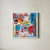 Traveling London by Farida Zaman. Shown in a crisp white glass frame for a clean and minimalist style. Available as an archival giclee rolled canvas, fine art paper, or poster print. SKU 76321a.