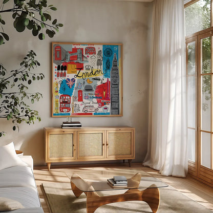 Traveling London by Farida Zaman. Shown in a natural wood frame in a cozy modern living room. Available as an archival giclee rolled canvas, fine art paper, or poster print. SKU 76321a.