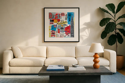 Traveling London by Farida Zaman. Displayed in a glass frame with matte in a clean modern living room. Available as an archival giclee rolled canvas, fine art paper, or poster print. SKU 76321a.