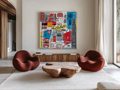 Traveling London by Farida Zaman. Shown as extra-large giant wall art in a modern living room. Available as an archival giclee rolled canvas, fine art paper, or poster print. SKU 76321a.