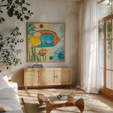 Tropical Underwater I by Farida Zaman. Shown in a natural wood frame in a cozy modern living room. Available as an archival giclee rolled canvas, fine art paper, or poster print. SKU 37584a.