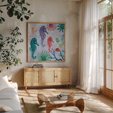 Tropical Underwater II by Farida Zaman. Shown in a natural wood frame in a cozy modern living room. Available as an archival giclee rolled canvas, fine art paper, or poster print. SKU 37585a.