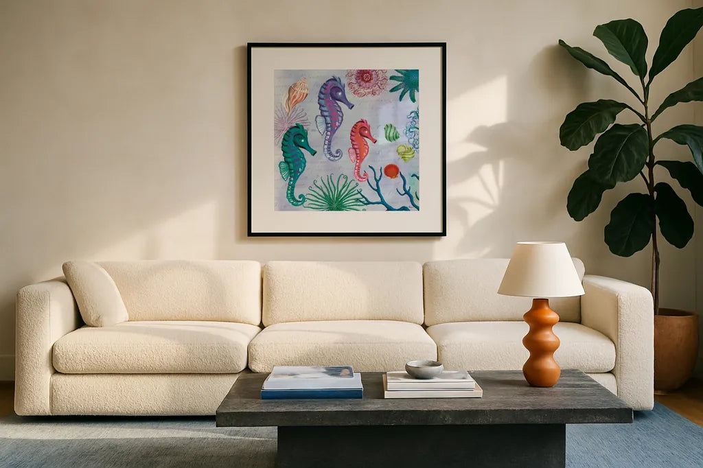Tropical Underwater II by Farida Zaman. Displayed in a glass frame with matte in a clean modern living room. Available as an archival giclee rolled canvas, fine art paper, or poster print. SKU 37585a.