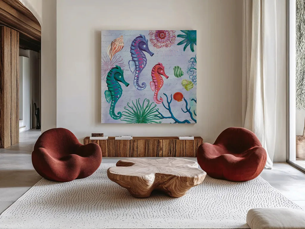 Tropical Underwater II by Farida Zaman. Shown as extra-large giant wall art in a modern living room. Available as an archival giclee rolled canvas, fine art paper, or poster print. SKU 37585a.