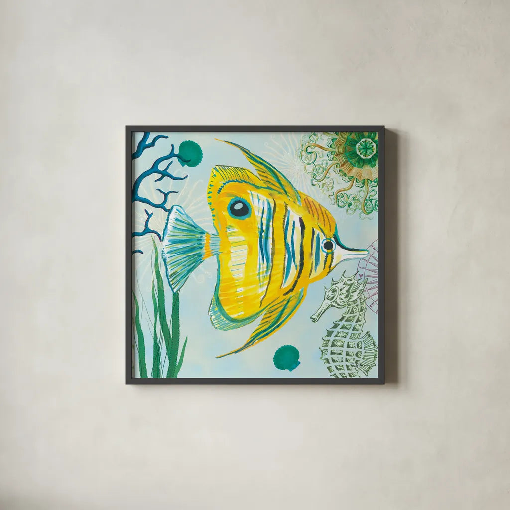 Tropical Underwater III by Farida Zaman. Shown in a sleek black glass frame for a contemporary gallery look. Available as an archival giclee rolled canvas, fine art paper, or poster print. SKU 37586a.