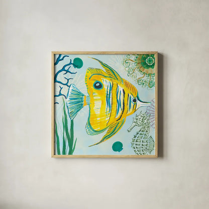 Tropical Underwater III by Farida Zaman. Shown in a natural wood glass frame for a timeless modern aesthetic. Available as an archival giclee rolled canvas, fine art paper, or poster print. SKU 37586a.