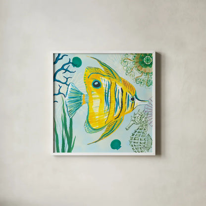Tropical Underwater III by Farida Zaman. Shown in a crisp white glass frame for a clean and minimalist style. Available as an archival giclee rolled canvas, fine art paper, or poster print. SKU 37586a.