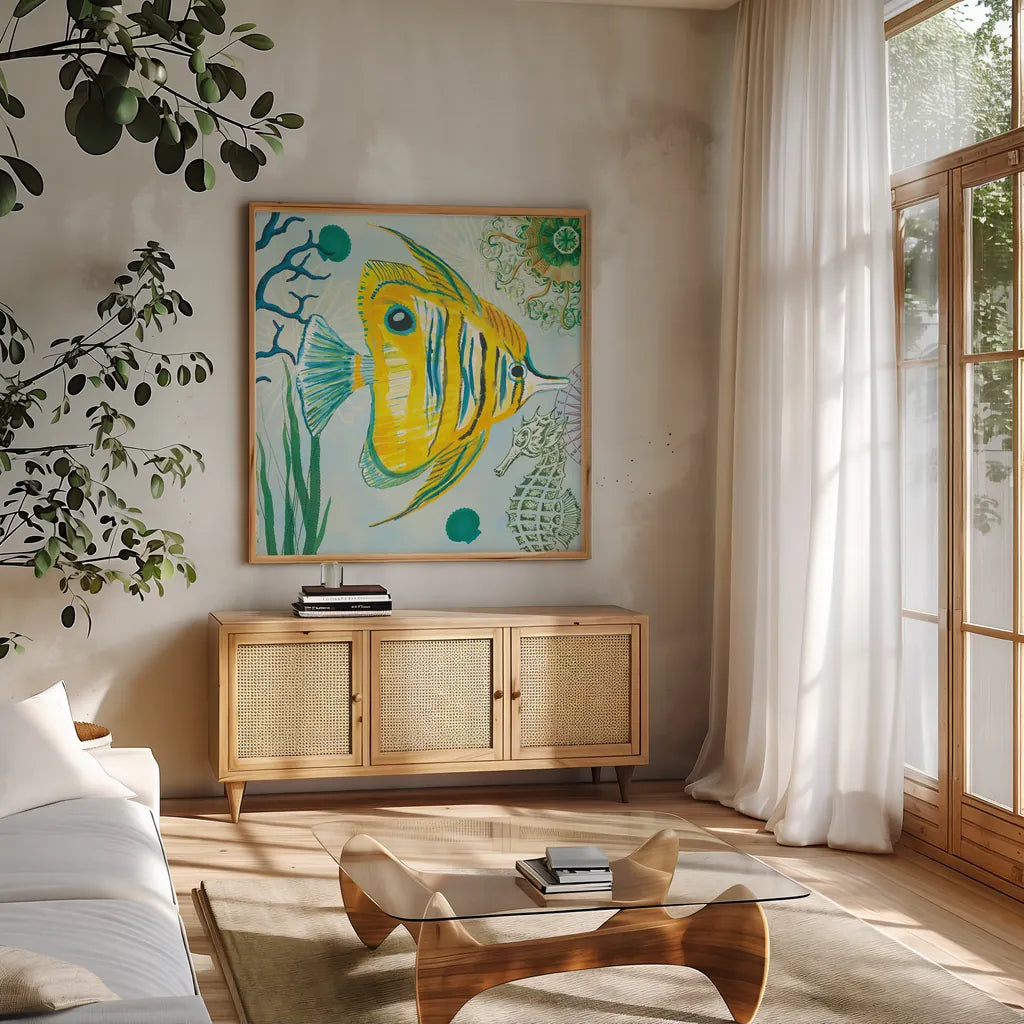 Tropical Underwater III by Farida Zaman. Shown in a natural wood frame in a cozy modern living room. Available as an archival giclee rolled canvas, fine art paper, or poster print. SKU 37586a.