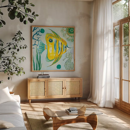 Tropical Underwater III by Farida Zaman. Shown in a natural wood frame in a cozy modern living room. Available as an archival giclee rolled canvas, fine art paper, or poster print. SKU 37586a.