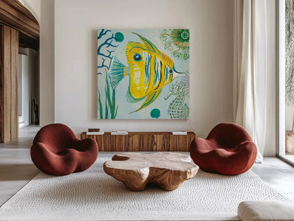 Tropical Underwater III by Farida Zaman. Shown as extra-large giant wall art in a modern living room. Available as an archival giclee rolled canvas, fine art paper, or poster print. SKU 37586a.