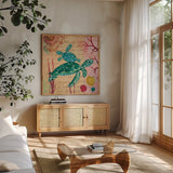 Tropical Underwater IV by Farida Zaman. Shown in a natural wood frame in a cozy modern living room. Available as an archival giclee rolled canvas, fine art paper, or poster print. SKU 37587a.