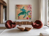 Tropical Underwater IV by Farida Zaman. Shown as extra-large giant wall art in a modern living room. Available as an archival giclee rolled canvas, fine art paper, or poster print. SKU 37587a.