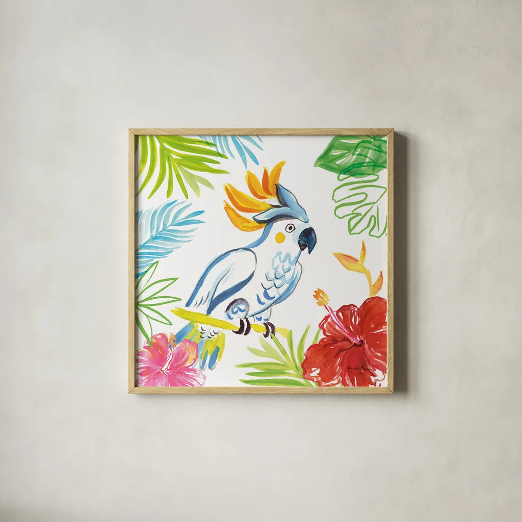 Tropicana I by Farida Zaman. Shown in a natural wood glass frame for a timeless modern aesthetic. Available as an archival giclee rolled canvas, fine art paper, or poster print. SKU 35960a.