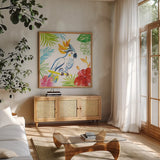Tropicana I by Farida Zaman. Shown in a natural wood frame in a cozy modern living room. Available as an archival giclee rolled canvas, fine art paper, or poster print. SKU 35960a.