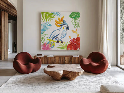 Tropicana I by Farida Zaman. Shown as extra-large giant wall art in a modern living room. Available as an archival giclee rolled canvas, fine art paper, or poster print. SKU 35960a.
