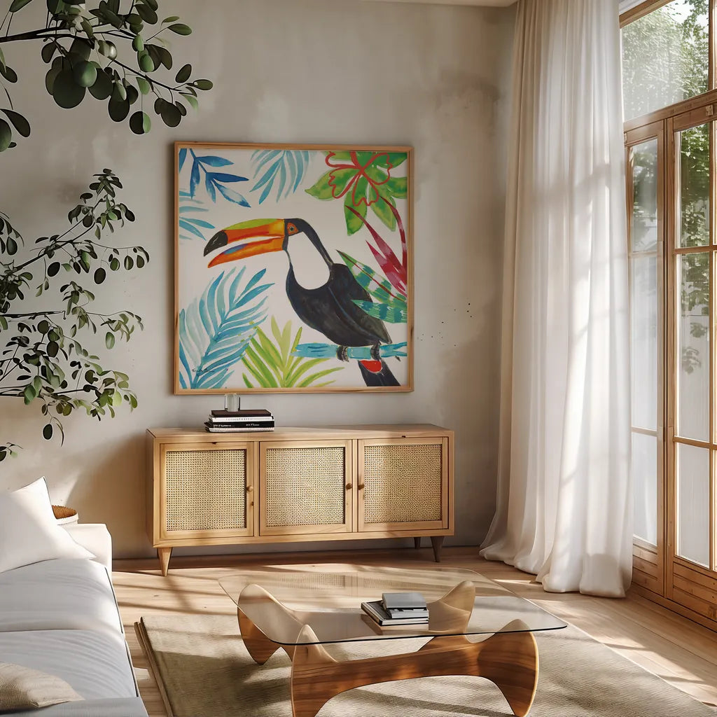 Tropicana II by Farida Zaman. Shown in a natural wood frame in a cozy modern living room. Available as an archival giclee rolled canvas, fine art paper, or poster print. SKU 35961a.