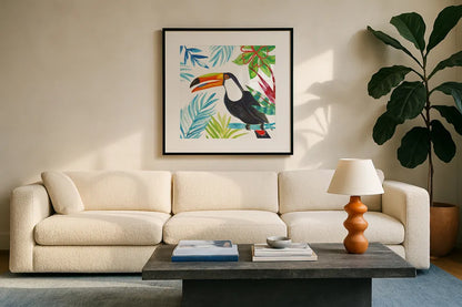 Tropicana II by Farida Zaman. Displayed in a glass frame with matte in a clean modern living room. Available as an archival giclee rolled canvas, fine art paper, or poster print. SKU 35961a.