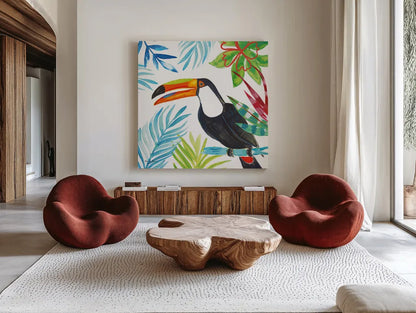 Tropicana II by Farida Zaman. Shown as extra-large giant wall art in a modern living room. Available as an archival giclee rolled canvas, fine art paper, or poster print. SKU 35961a.