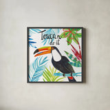 Tropicana II Toucan by Farida Zaman. Shown in a sleek black glass frame for a contemporary gallery look. Available as an archival giclee rolled canvas, fine art paper, or poster print. SKU 55335a.