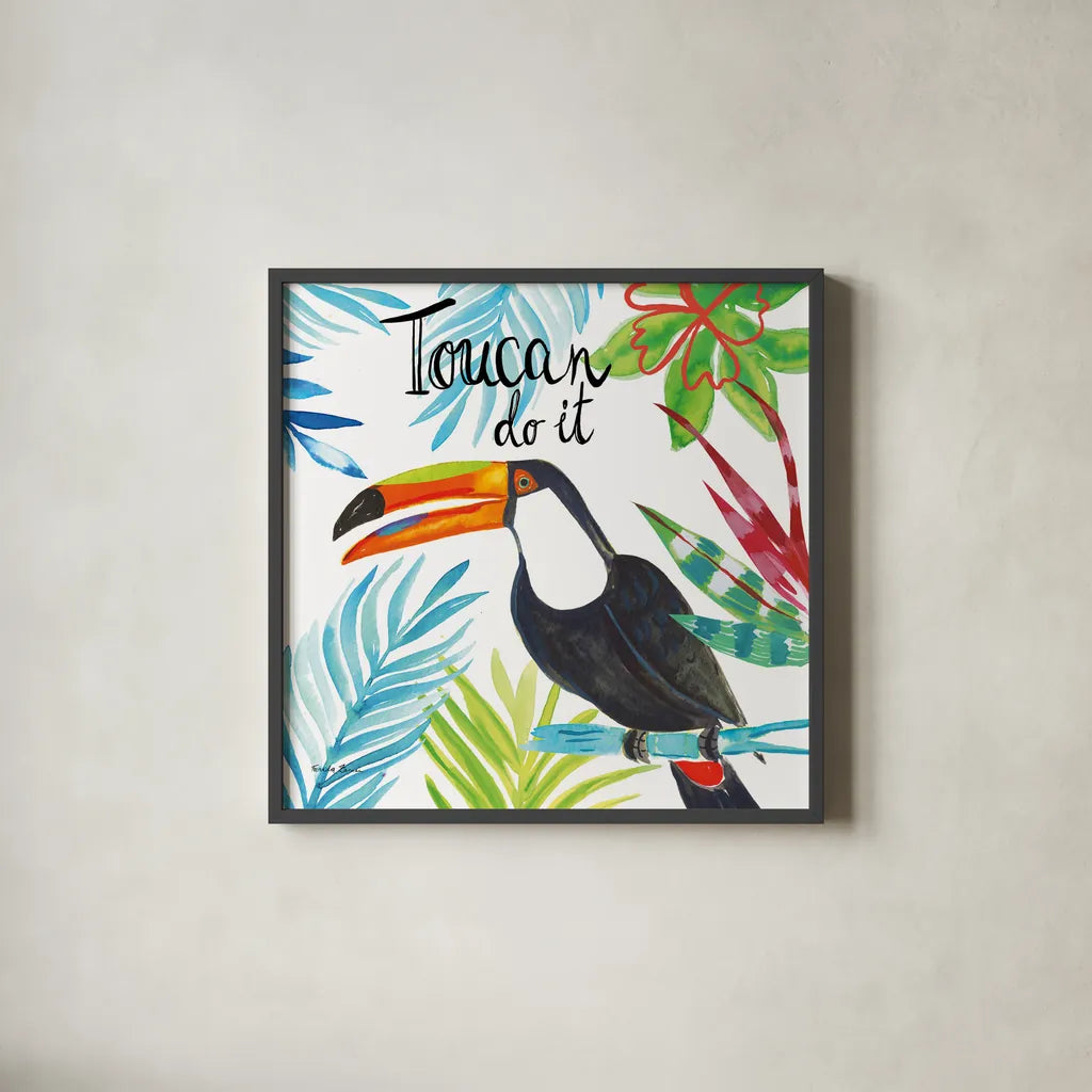 Tropicana II Toucan by Farida Zaman. Shown in a sleek black glass frame for a contemporary gallery look. Available as an archival giclee rolled canvas, fine art paper, or poster print. SKU 55335a.