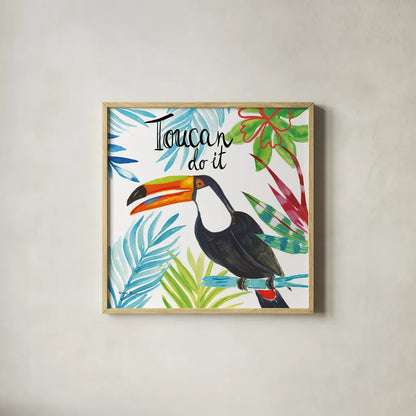Tropicana II Toucan by Farida Zaman. Shown in a natural wood glass frame for a timeless modern aesthetic. Available as an archival giclee rolled canvas, fine art paper, or poster print. SKU 55335a.
