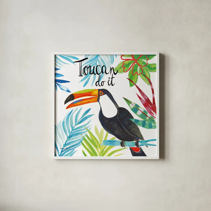 Tropicana II Toucan by Farida Zaman. Shown in a crisp white glass frame for a clean and minimalist style. Available as an archival giclee rolled canvas, fine art paper, or poster print. SKU 55335a.