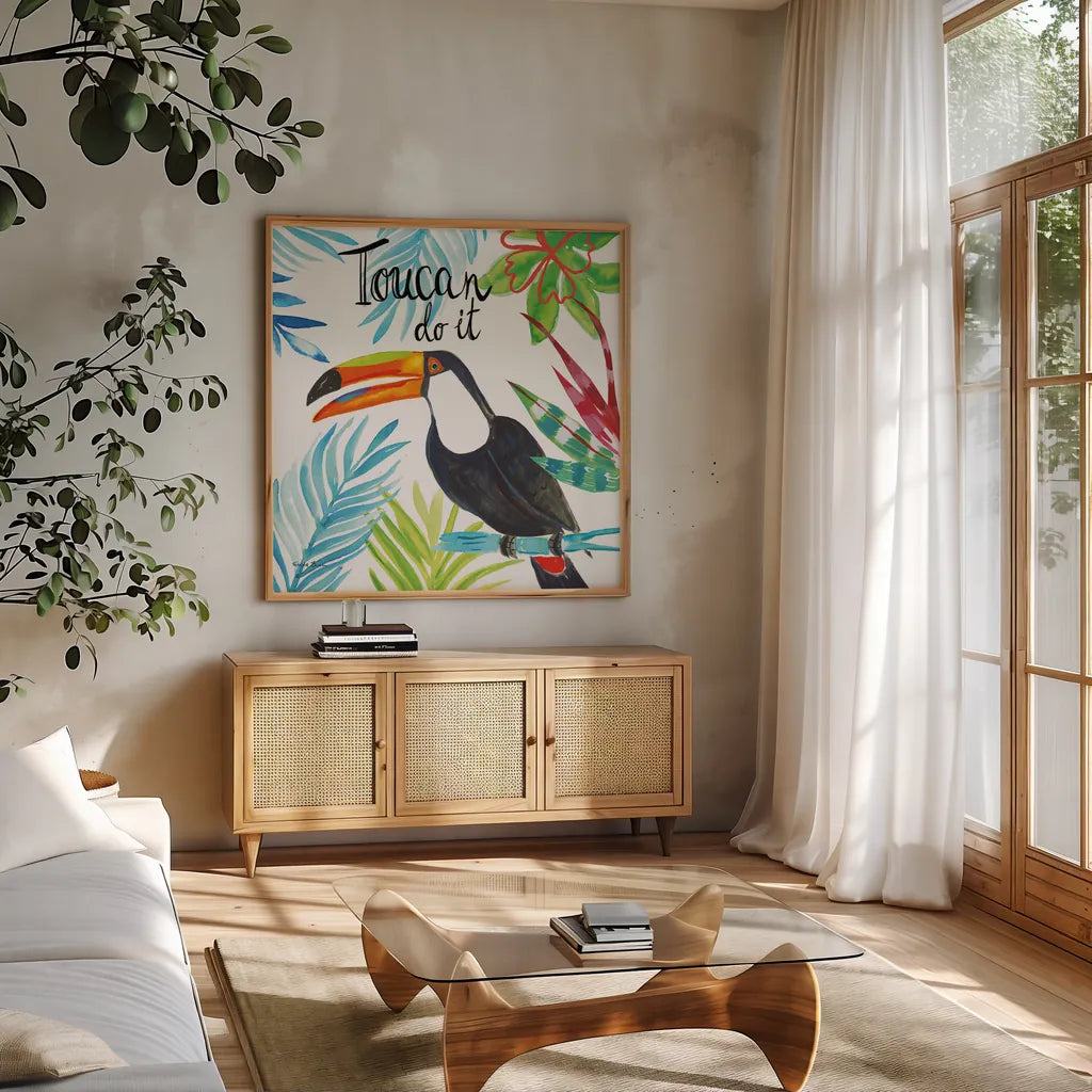 Tropicana II Toucan by Farida Zaman. Shown in a natural wood frame in a cozy modern living room. Available as an archival giclee rolled canvas, fine art paper, or poster print. SKU 55335a.