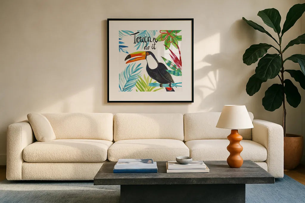 Tropicana II Toucan by Farida Zaman. Displayed in a glass frame with matte in a clean modern living room. Available as an archival giclee rolled canvas, fine art paper, or poster print. SKU 55335a.