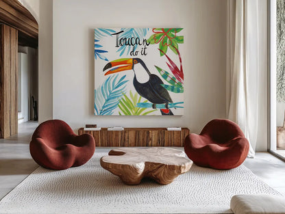 Tropicana II Toucan by Farida Zaman. Shown as extra-large giant wall art in a modern living room. Available as an archival giclee rolled canvas, fine art paper, or poster print. SKU 55335a.