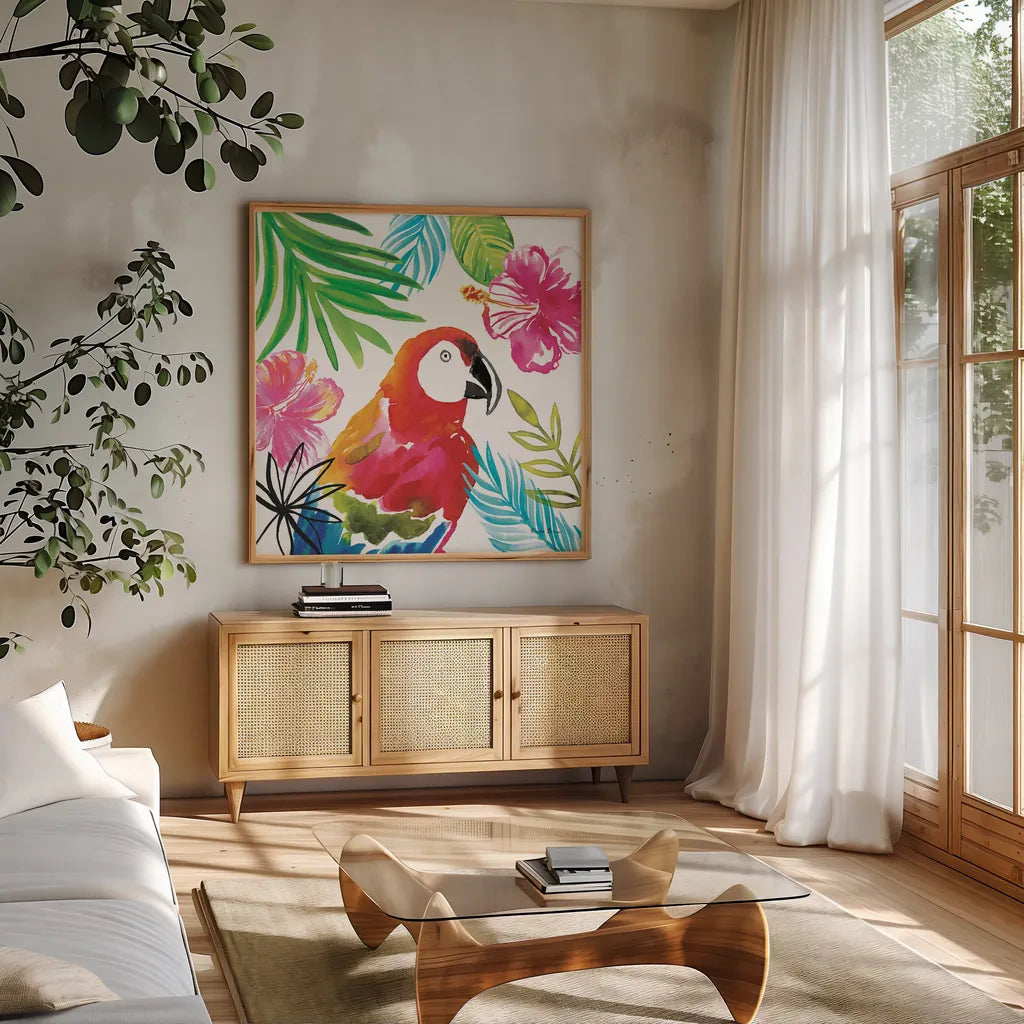 Tropicana III by Farida Zaman. Shown in a natural wood frame in a cozy modern living room. Available as an archival giclee rolled canvas, fine art paper, or poster print. SKU 35962a.