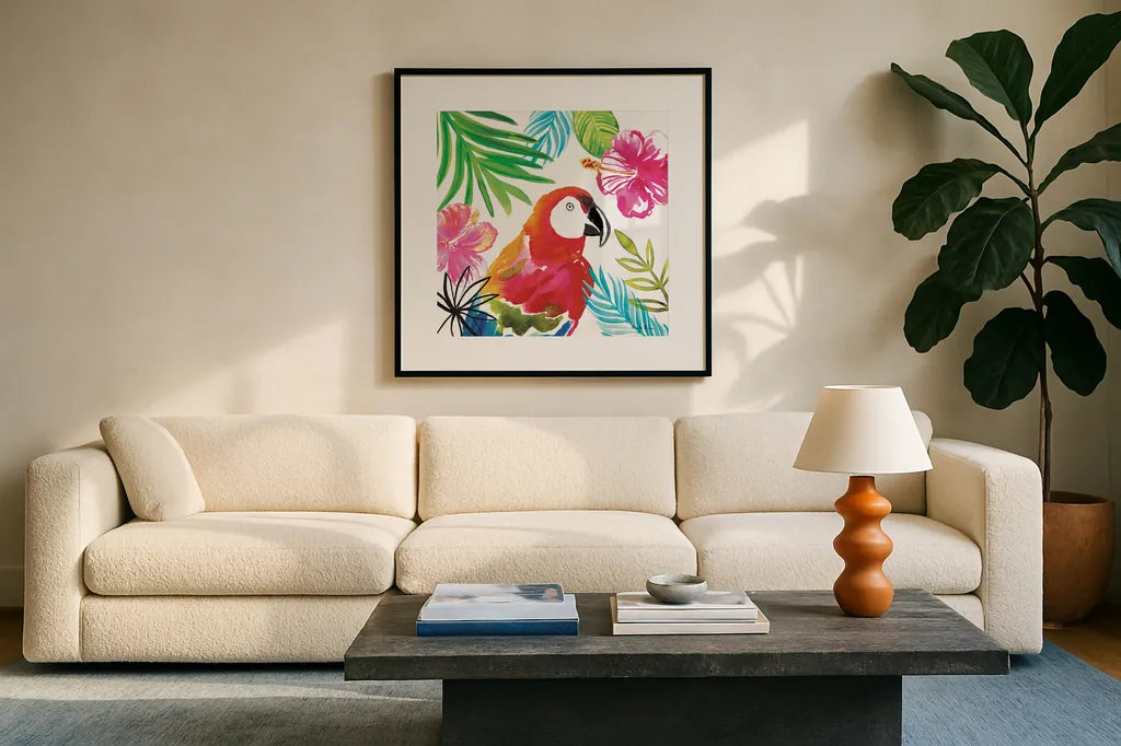 Tropicana III by Farida Zaman. Displayed in a glass frame with matte in a clean modern living room. Available as an archival giclee rolled canvas, fine art paper, or poster print. SKU 35962a.